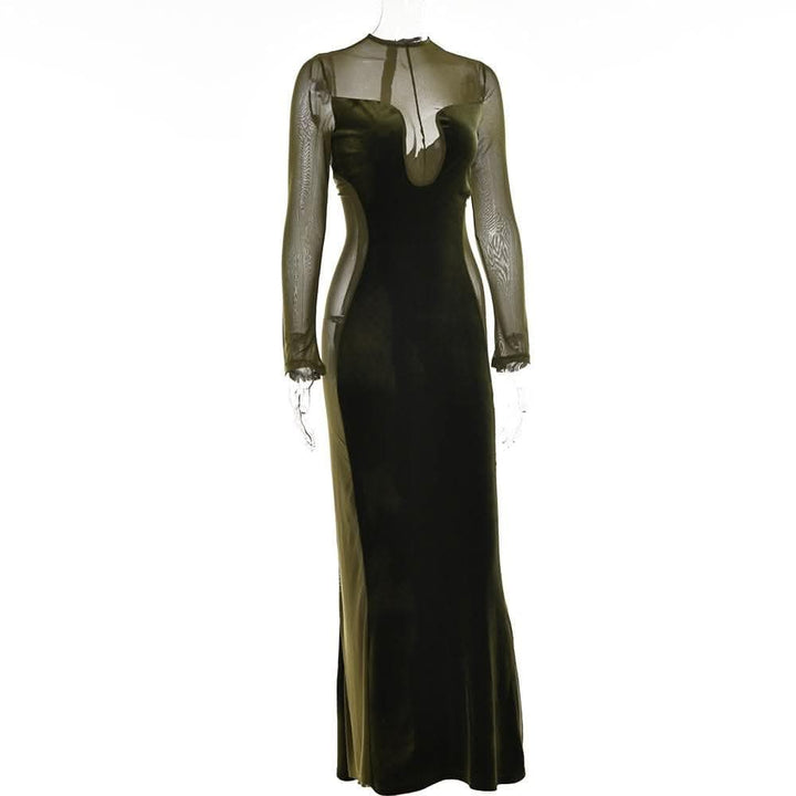 Long sleeve velvet mesh solid zip-up maxi dress-final-sale  | Festival Outfits Women
