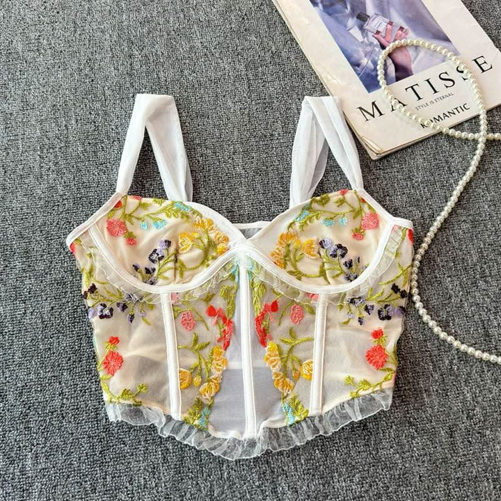 Flower embroidery bustier mesh cami top  | Festival Outfits Women