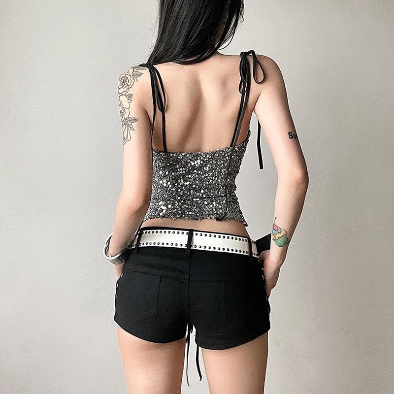 Glitter hollow out self tie backless v neck cami cut out top  | Festival Outfits Women