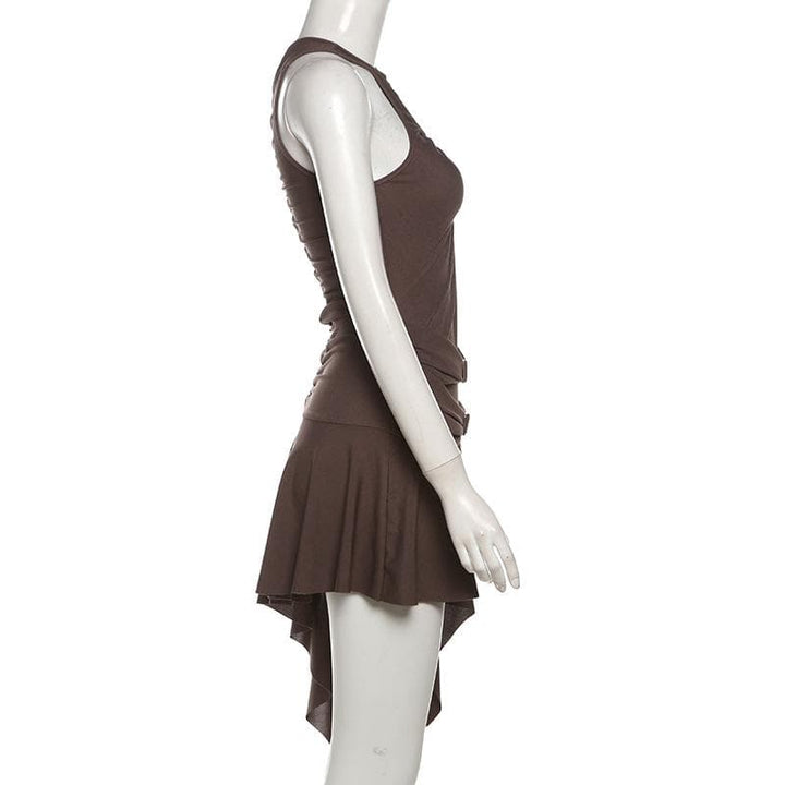 Irregular ruched drawstring buckle tank mini dress  | Festival Outfits Women