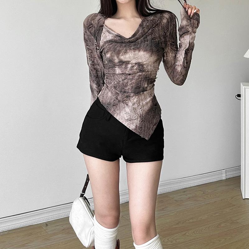 Cowl neck long flared sleeve tie dye ruched irregular top  | Festival Outfits Women