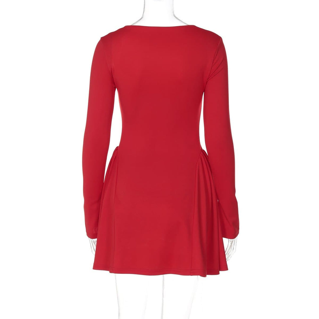 Long sleeve bowknot solid ruched mini dress  | Festival Outfits Women