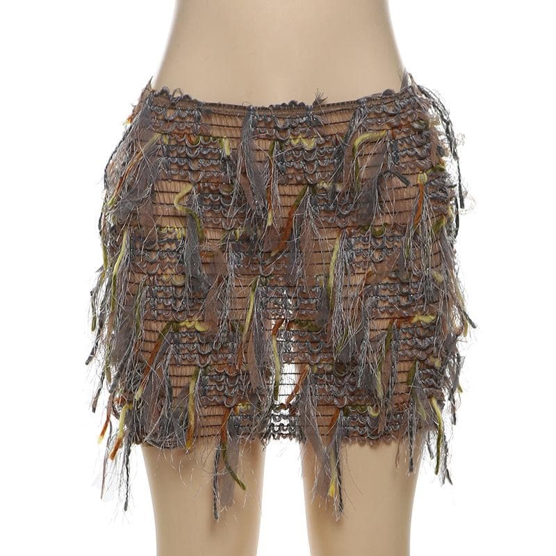 Tassels hollow out see through contrast cut out mini skirt  | Festival Outfits Women
