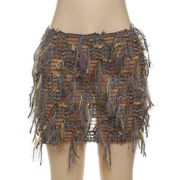 Tassels hollow out see through contrast cut out mini skirt  | Festival Outfits Women