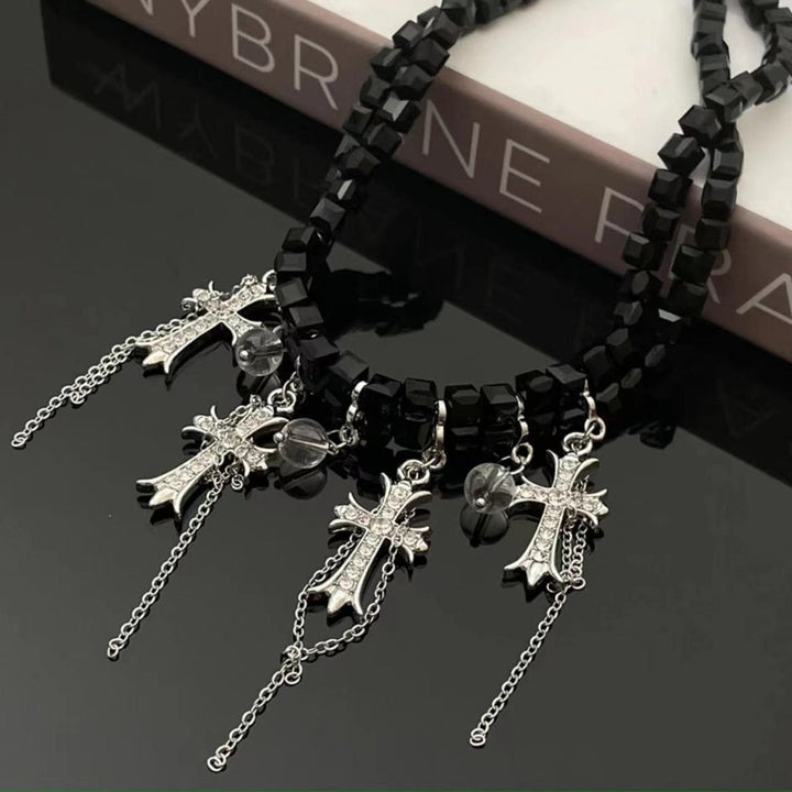 Black beaded cross pendant choker necklace  | Festival Outfits Women