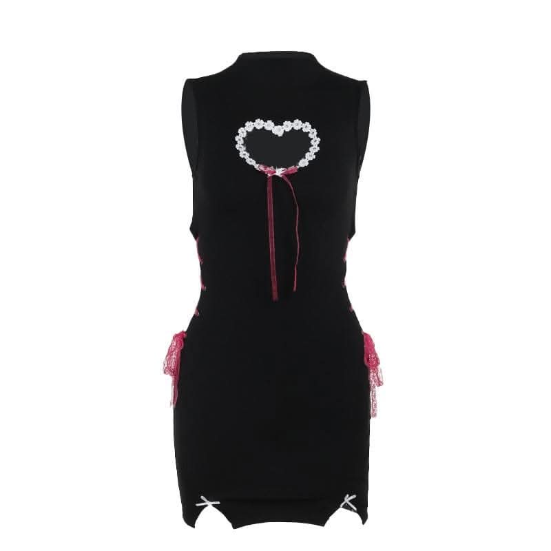 High neck heart pattern hollow out lace up cut out mini dress-final-sale  | Festival Outfits Women