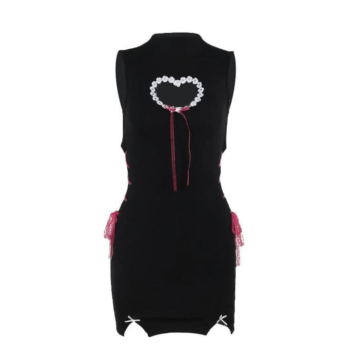 High neck heart pattern hollow out lace up cut out mini dress-final-sale  | Festival Outfits Women