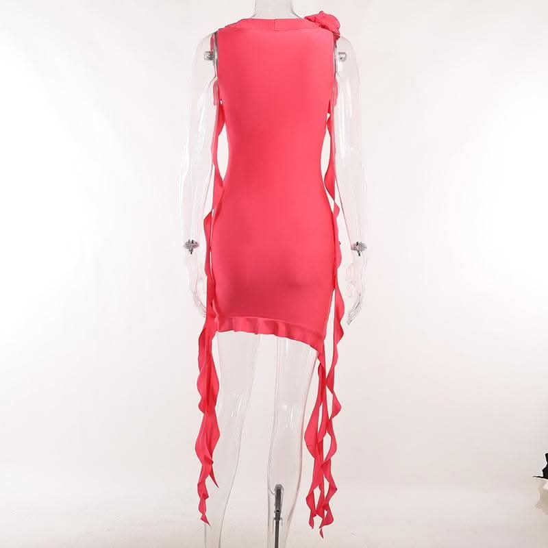 Sleeveless v neck ruffle flower applique ribbon mini dress-final-sale  | Festival Outfits Women