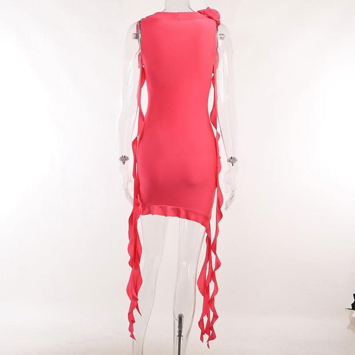 Sleeveless v neck ruffle flower applique ribbon mini dress-final-sale  | Festival Outfits Women