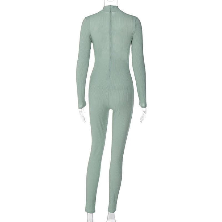Hollow out long sleeve solid zip-up high neck jumpsuit - Final Sale-final-sale  | Festival Outfits Women