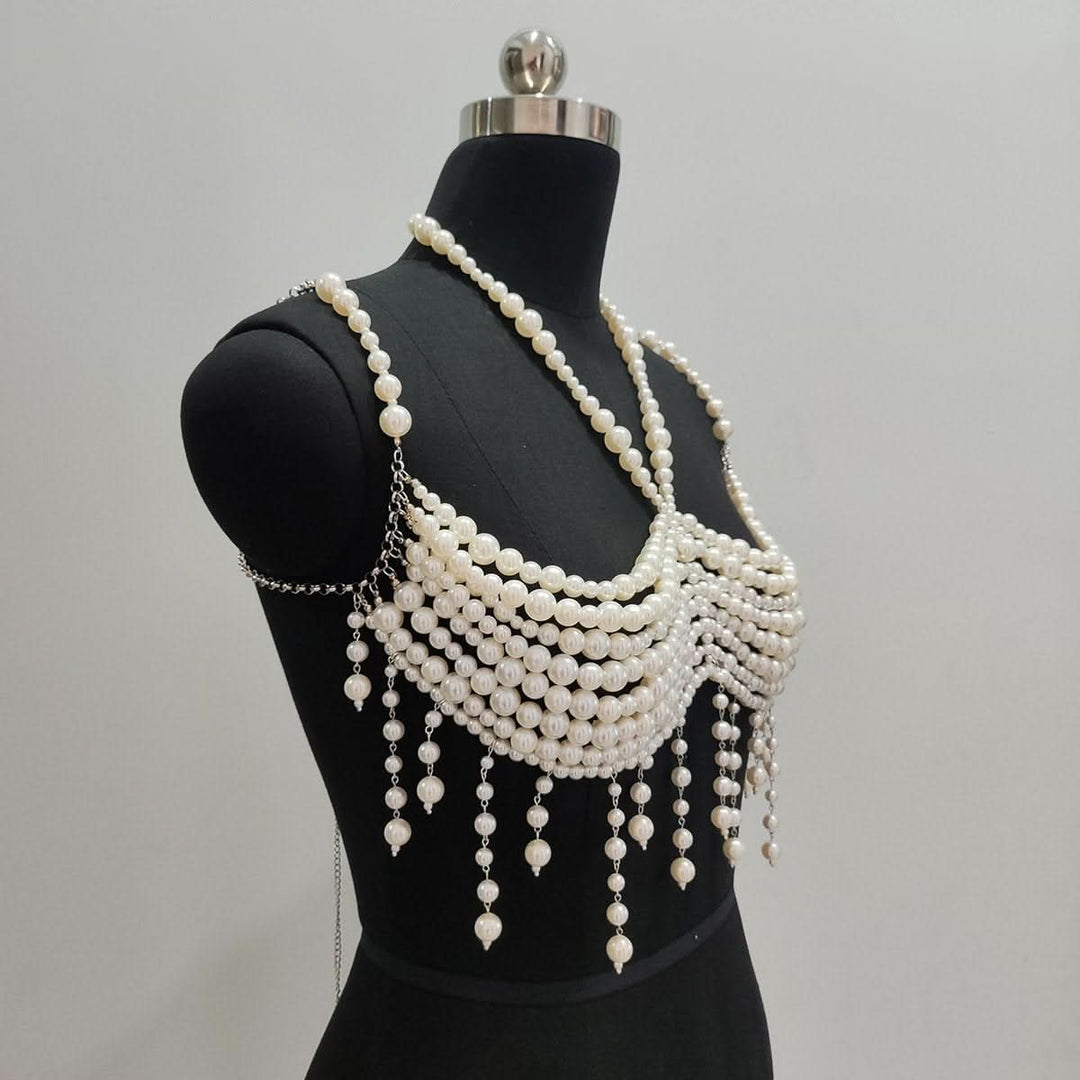 Halter pearls hollow out backless tassels cut out top  | Festival Outfits Women