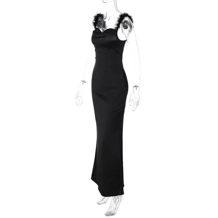 Feather cowl neck ruched solid backless maxi dress-final-sale  | Festival Outfits Women