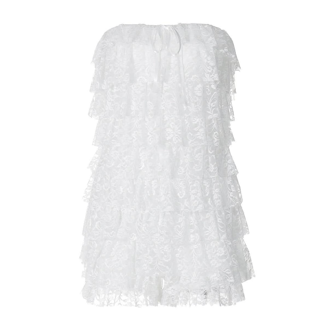 Bowknot lace backless ruffle tube mini dress  | Festival Outfits Women