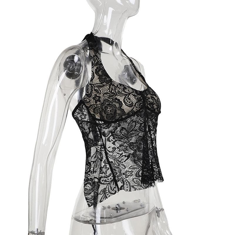 Halter backless lace flower pattern solid top  | Festival Outfits Women