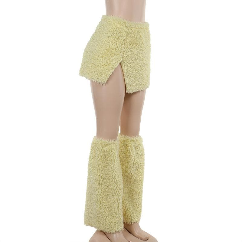 Fluffy slit leg warmer solid mini skirt  | Festival Outfits Women