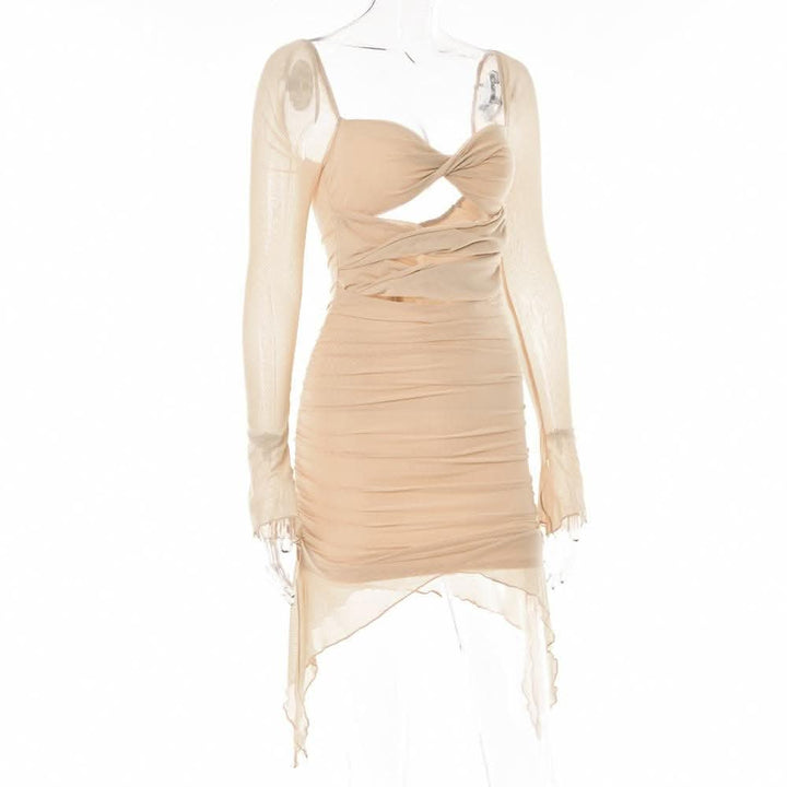 Long sleeve solid hollow out slit mesh ruched zip-up backless cut out mini dress-final-sale  | Festival Outfits Women