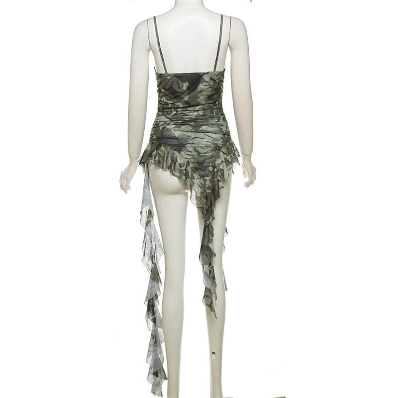 Camouflage ruffle irregular ruched cami top-final-sale