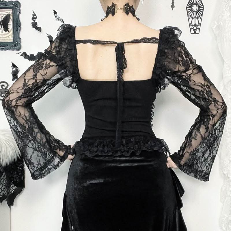 Long sleeve lace hem square neck self tie top-final-sale