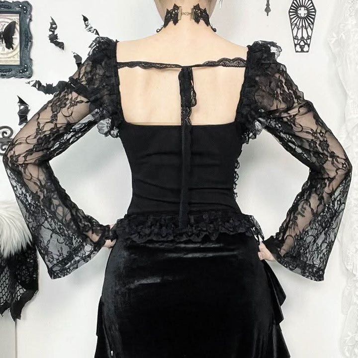 Long sleeve lace hem square neck self tie top-final-sale