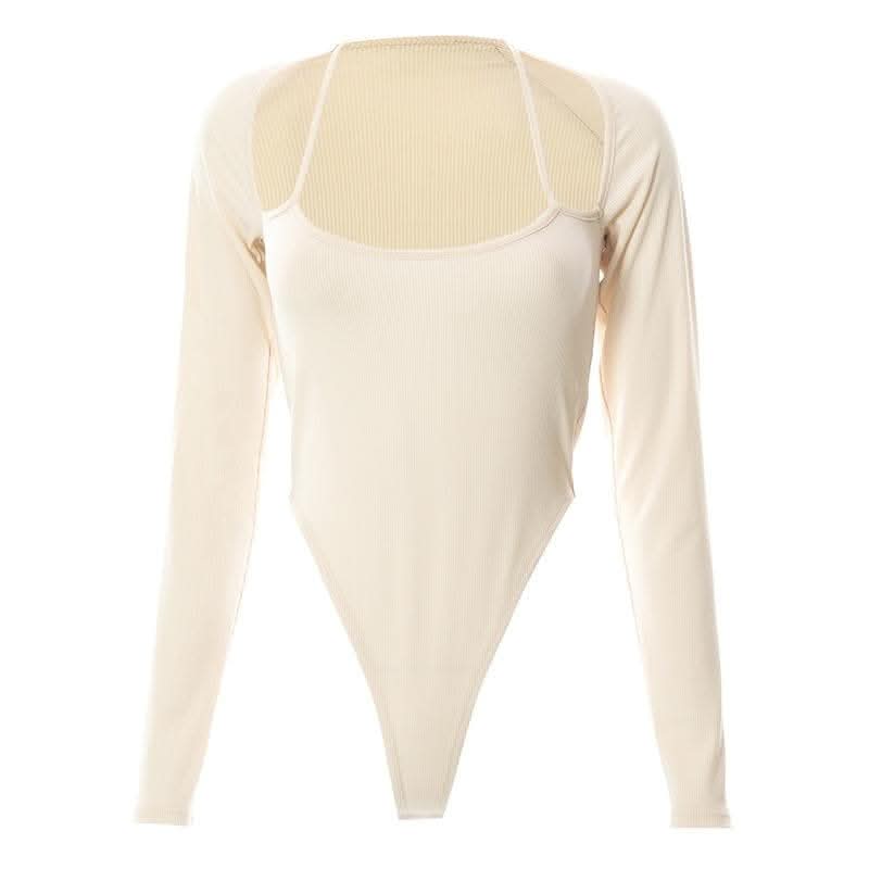 Halter solid ribbed long sleeve low cut bodysuit-final-sale  | Festival Outfits Women
