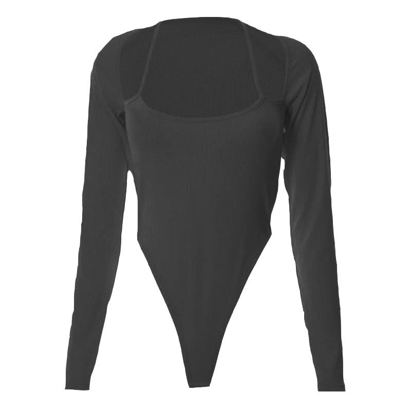 Halter solid ribbed long sleeve low cut bodysuit-final-sale  | Festival Outfits Women