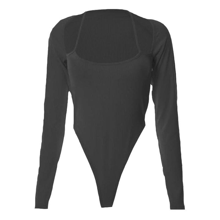 Halter solid ribbed long sleeve low cut bodysuit-final-sale  | Festival Outfits Women