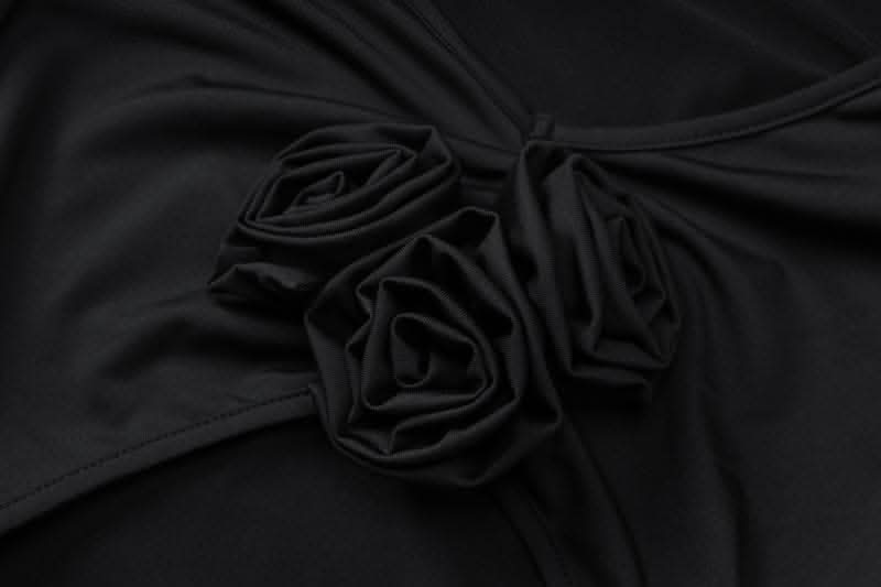 Long sleeve padded ruched flower applique hollow out cut out midi dress-final-sale  | Festival Outfits Women