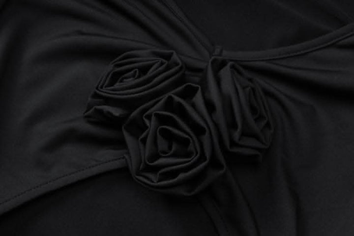 Long sleeve padded ruched flower applique hollow out cut out midi dress-final-sale  | Festival Outfits Women