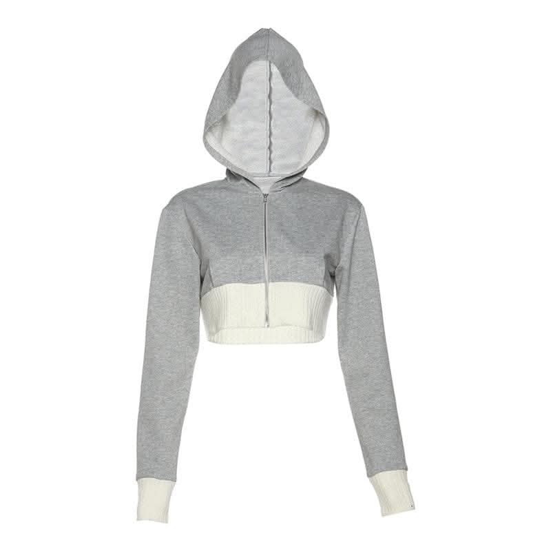 Hoodie long sleeve contrast patchwork zip-up crop top-final-sale  | Festival Outfits Women