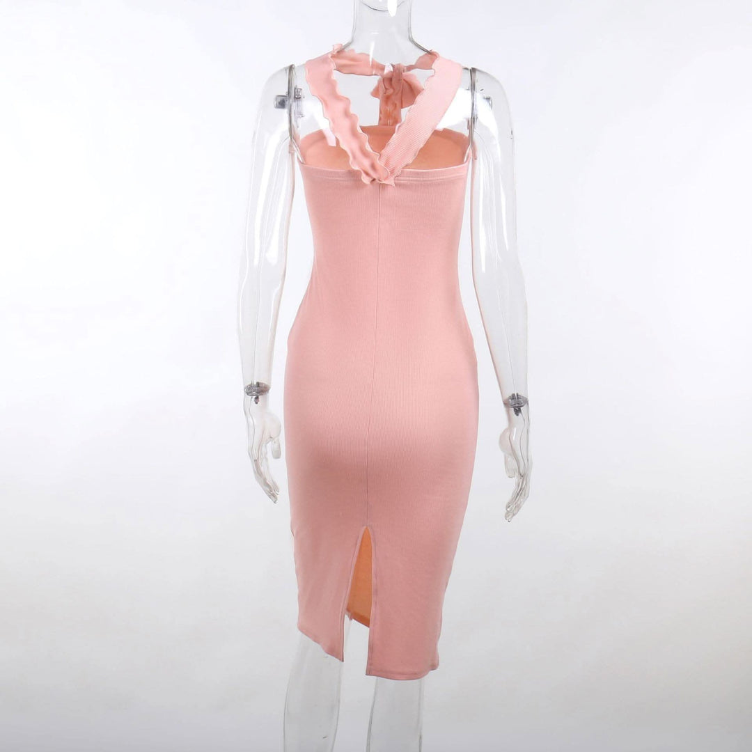 Ribbed solid slit flower applique ribbon ruffle midi dress-final-sale  | Festival Outfits Women