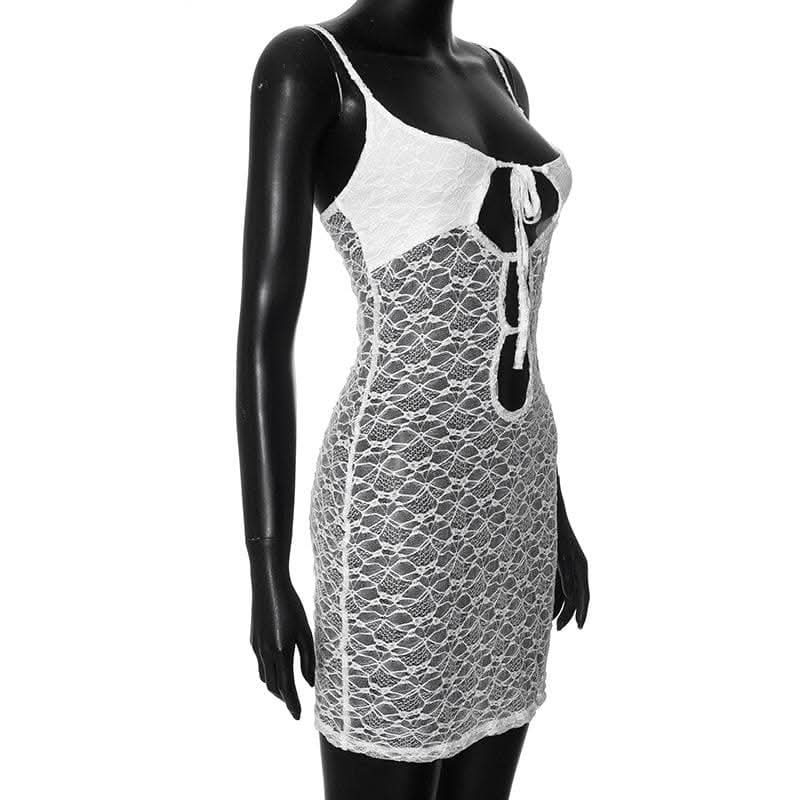 Hollow out lace see through cami cut out mini dress-final-sale  | Festival Outfits Women