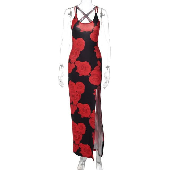 Rose print u neck slit cross back cami maxi dress-final-sale  | Festival Outfits Women