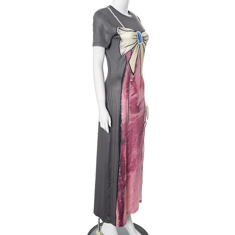 Short sleeve body print high slit maxi dress  | Festival Outfits Women