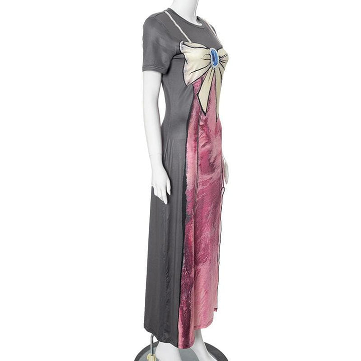 Short sleeve body print high slit maxi dress  | Festival Outfits Women