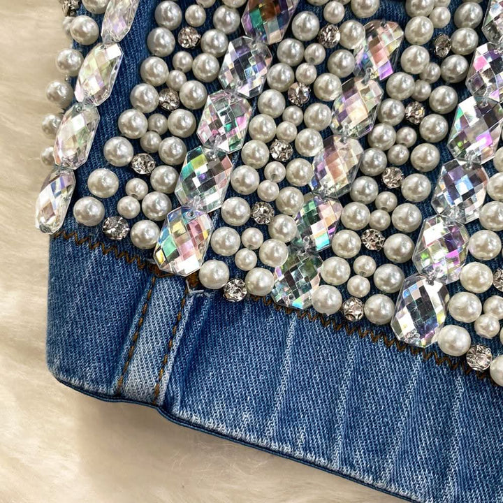 Beaded denim v neck backless cami top  | Festival Outfits Women