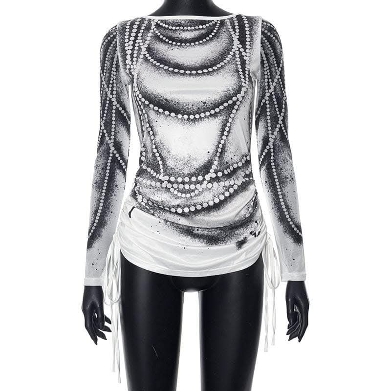 Drawstring long sleeve beaded print contrast backless top-final-sale  | Festival Outfits Women