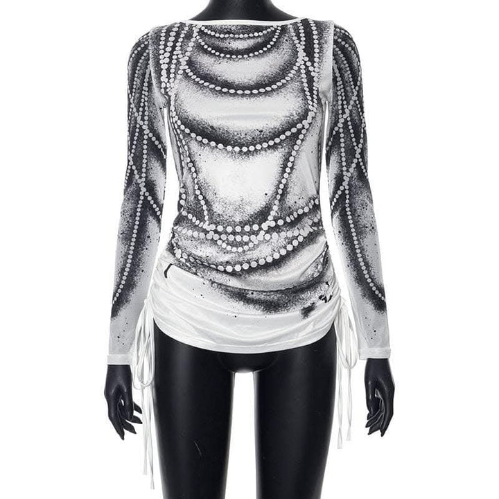 Drawstring long sleeve beaded print contrast backless top-final-sale  | Festival Outfits Women
