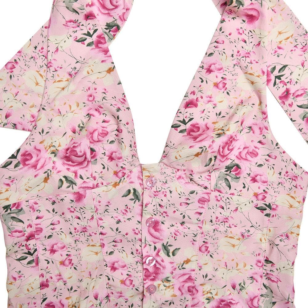 Halter smocked button flower print mini skirt set  | Festival Outfits Women