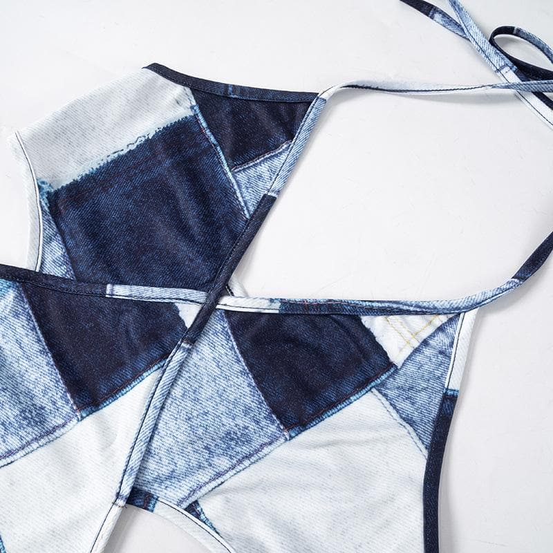 Riga mai kama da na Halter patchwork denim hollow out cut out mini dress | Kayan Biki na Mata