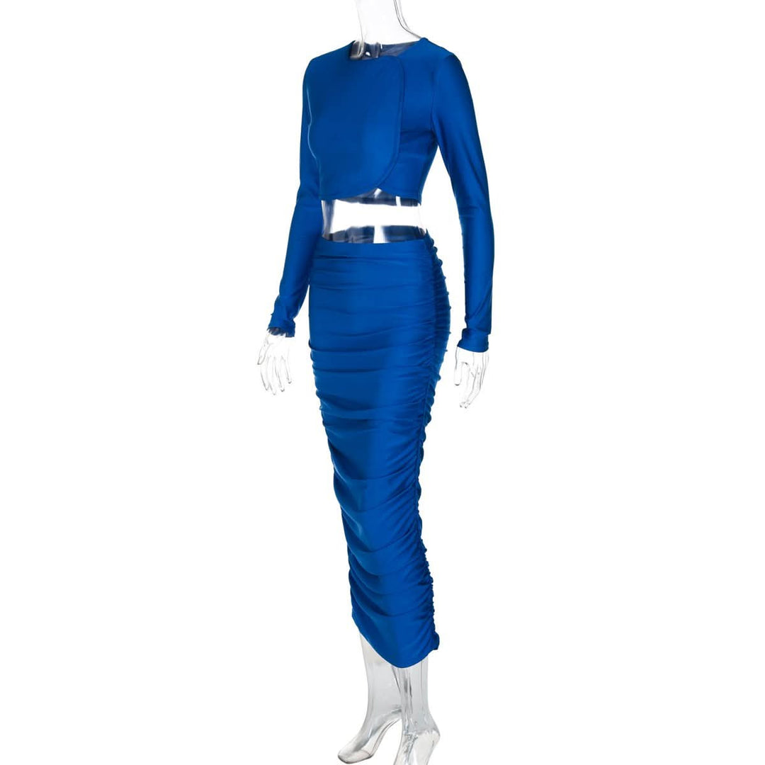Long sleeve crewneck ruched crop maxi skirt set  | Festival Outfits Women
