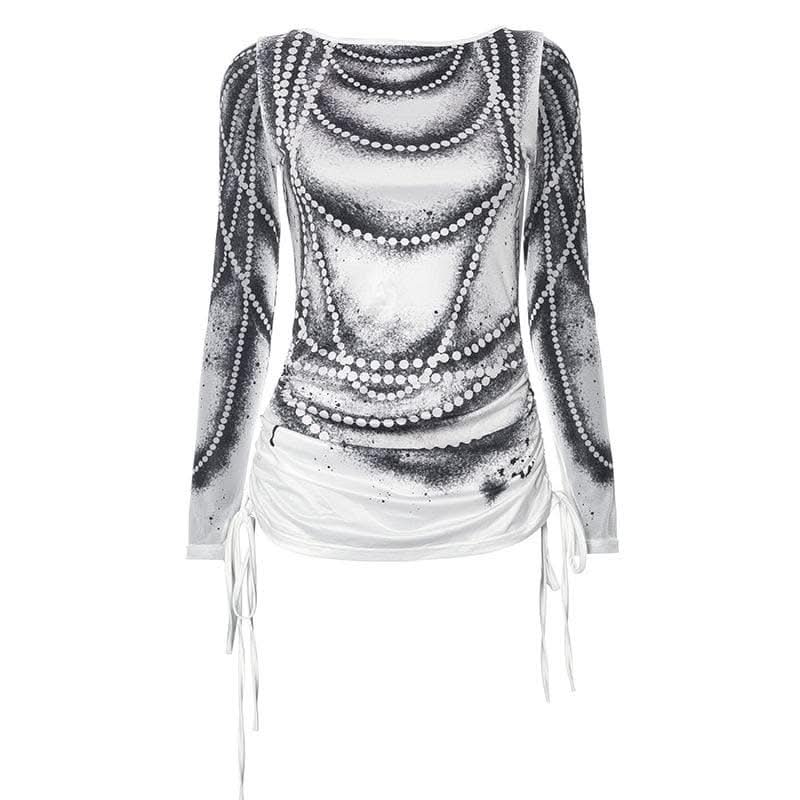 Drawstring long sleeve beaded print contrast backless top-final-sale  | Festival Outfits Women