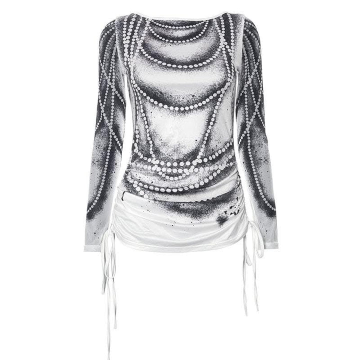 Drawstring long sleeve beaded print contrast backless top-final-sale  | Festival Outfits Women