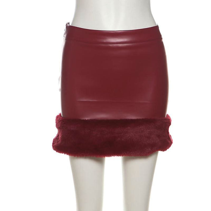 PU leather fluffy patchwork zip-up mini skirt Cargo Mini Skirt  | Festival Outfits Women