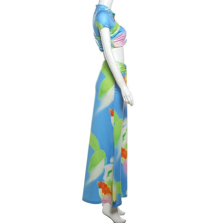 Short sleeve ruched contrast print maxi skirt set-final-sale  | Festival Outfits Women
