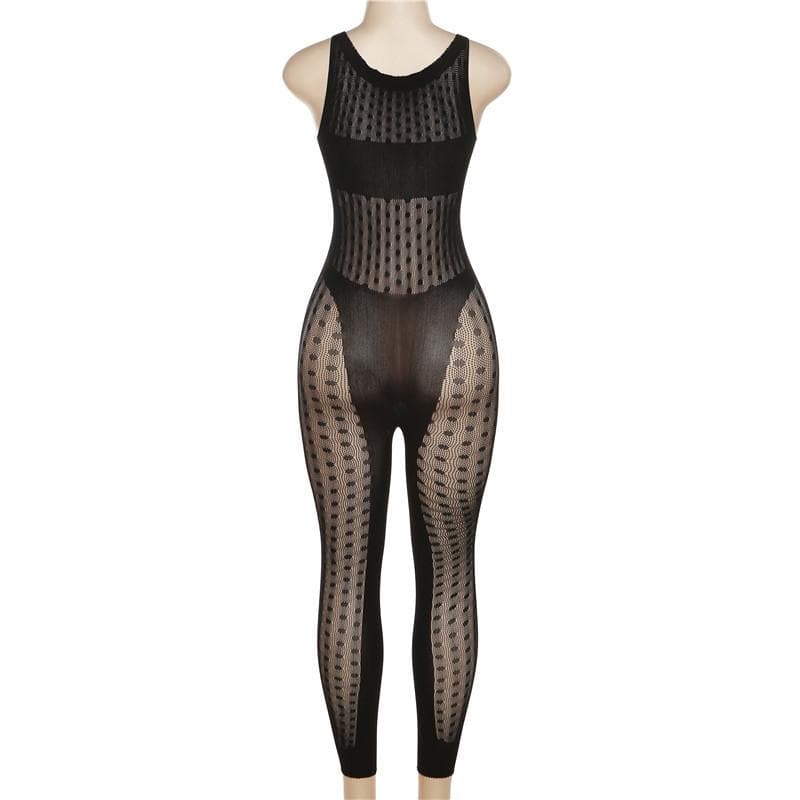 Fishnet button sleeveless solid hollow out jumpsuit-final-sale