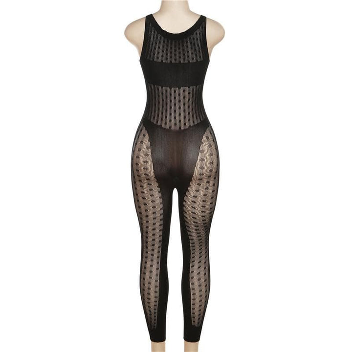 Fishnet button sleeveless solid hollow out jumpsuit-final-sale