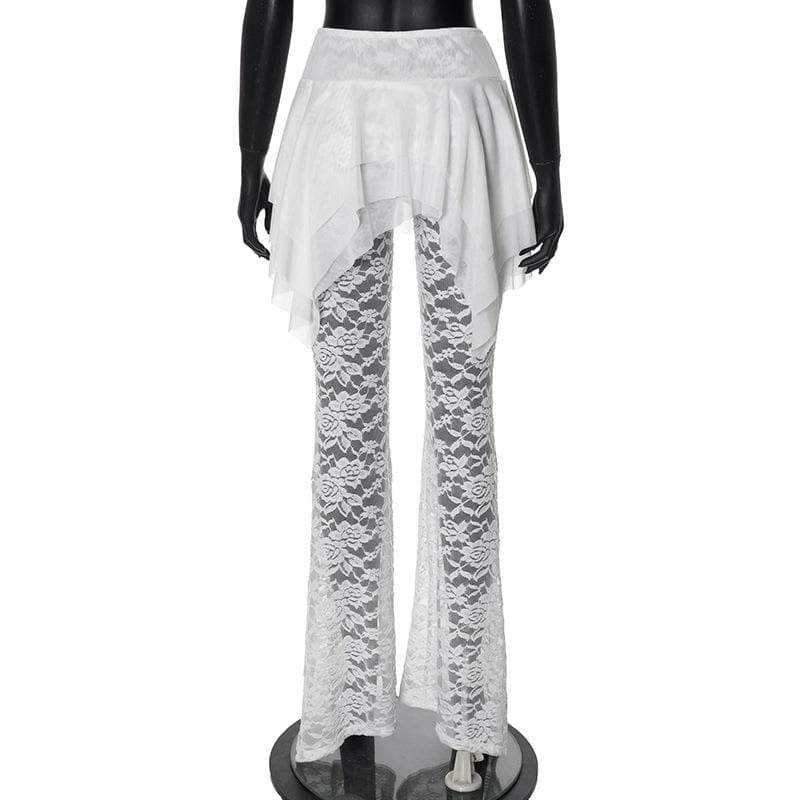 Ruched lace ruffle solid high rise pant-final-sale