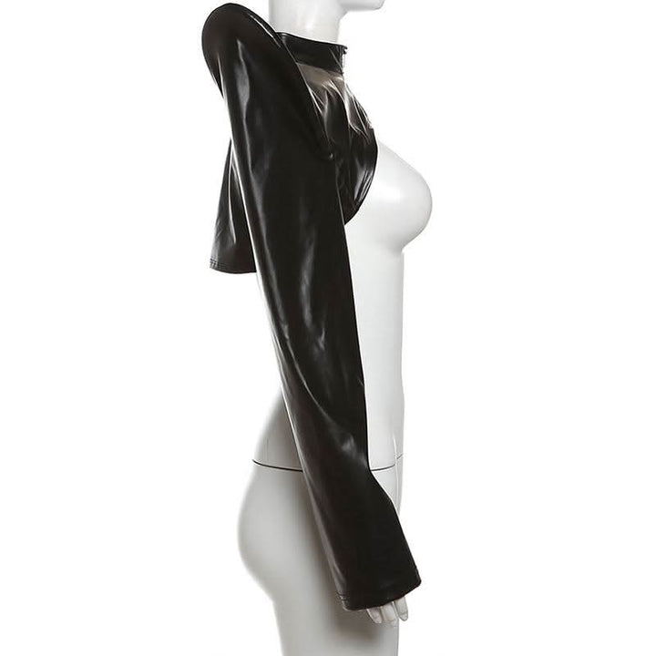 PU leather long sleeve zip-up crop top  | Festival Outfits Women