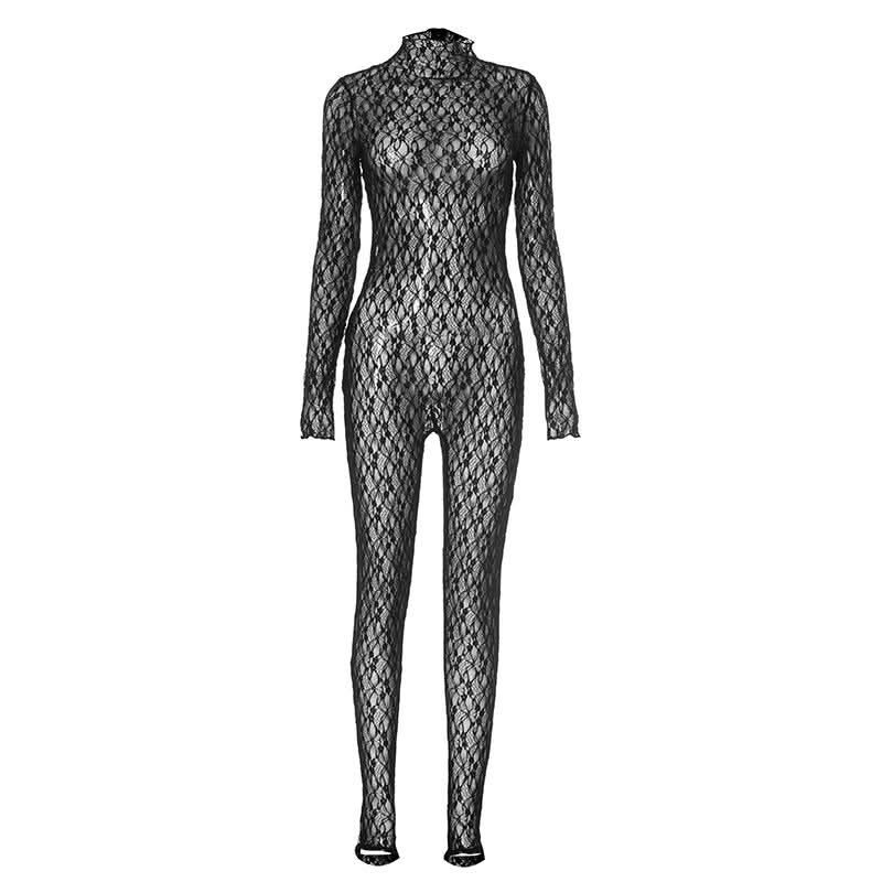 Long sleeve lace high neck zip-up see through jumpsuit  | Festival Outfits Women