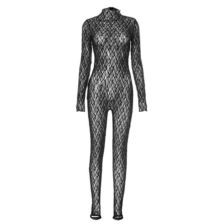 Long sleeve lace high neck zip-up see through jumpsuit  | Festival Outfits Women